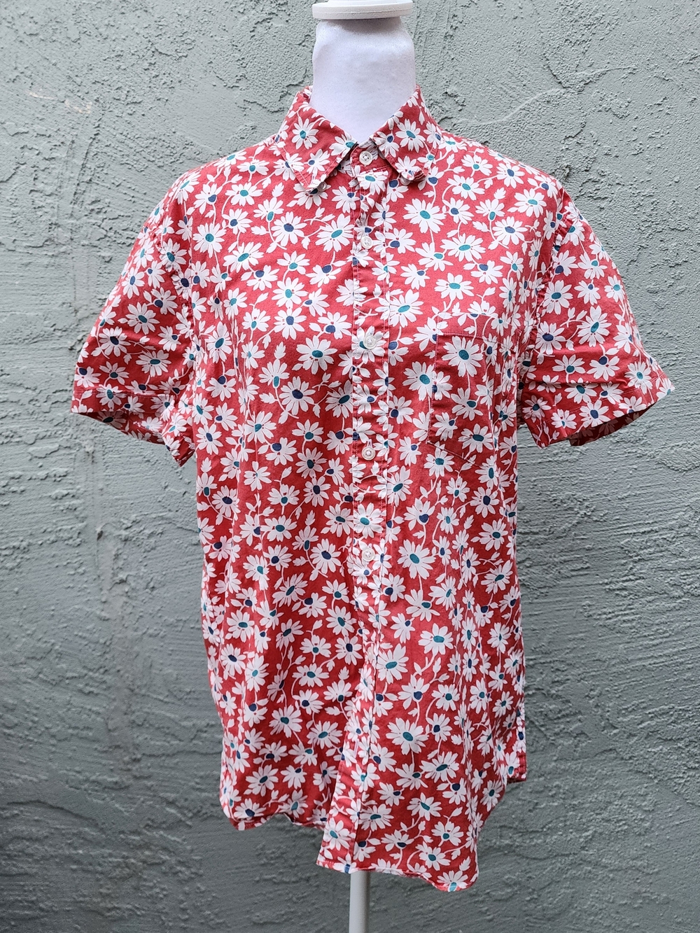 J.Crew Flex Washed Slim Fit Red Daisy Floral Short Sleeve Button Down Shirt M